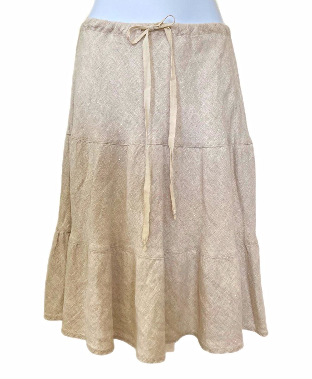 Vintage 90s Allen Allen beige linen tiered ribbon drawstring boho cottage skirt